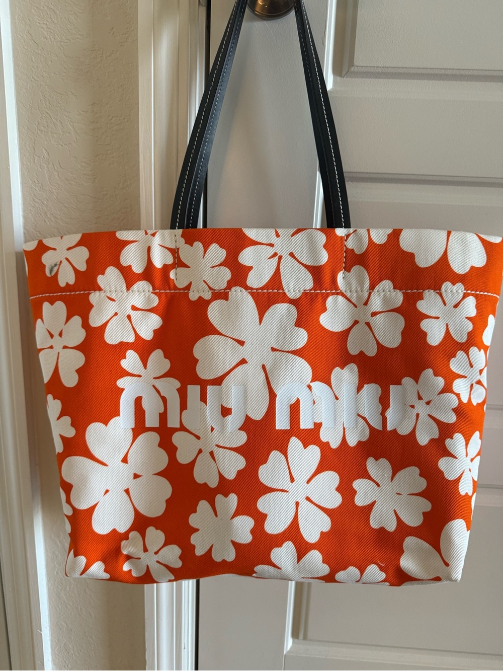 Miu Miu Orange Floral Tote/Beach Bag with White Flower Print. NWT